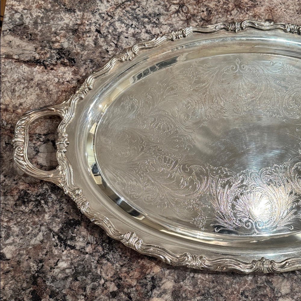 1883 F.B. ROGERS SILVER CO. OVAL SERVING TRAY WITH HANDLES, #6003, CARTOUCHE - Picture 3 of 7